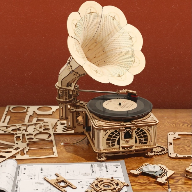 RoboTime 3D drewniane mechaniczne puzzle Gramofon (napęd ręczny)