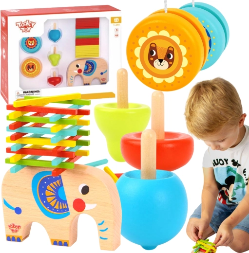 Drewniany zestaw gier – słoń, mikado, bączek i jojo 46 szt. TOOKY TOY