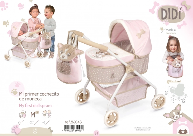 DeCuevas 86043 Mój pierwszy wózek dla lalek z plecakiem DIDI 2021 - 56 cm