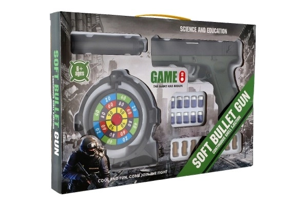 Pistolet na piankowe naboje plastikowy 20cm z tłumikiem, tarczą, nabojami 18szt w pudełku 40x28x4,5cm