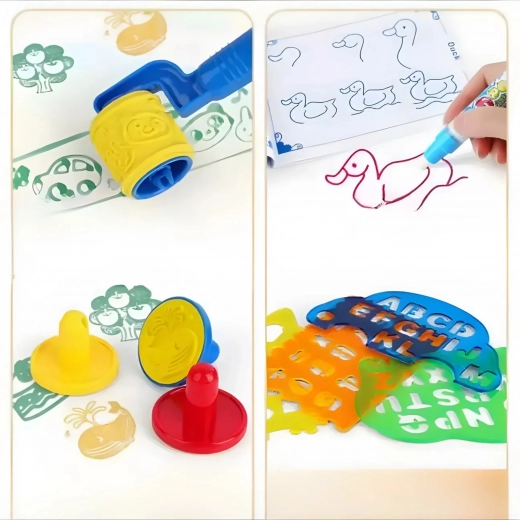 Bogaty zestaw szablonów, stempli i wałka