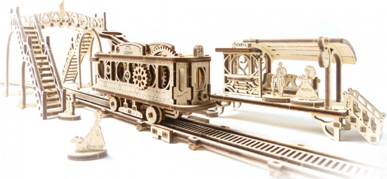 Drewniana mechaniczna układanka UGEARS – linia tramwajowa Mechanical Town