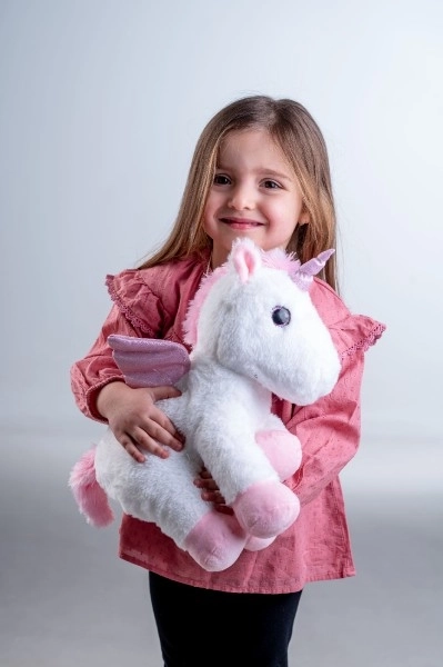 Sennik jednorożec z skrzydłami plusz 38cm na baterie ze światłem z dźwiękiem w woreczku
