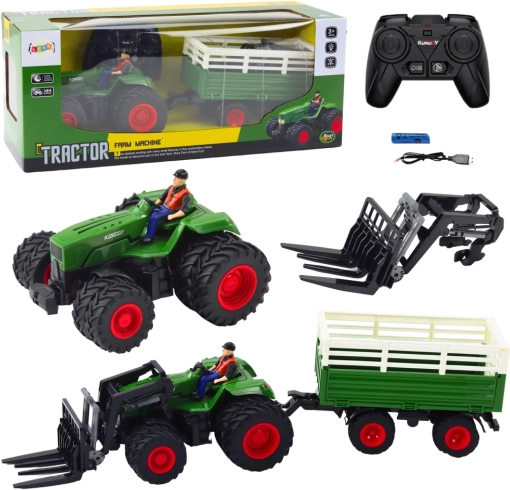 Traktor zdalnie sterowany z przyczepą i widłami
