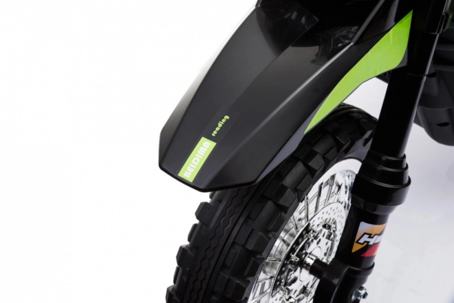 Dziecięcy elektryczny motocykl cross na akumulator – zielony, z kółkami pomocniczymi i światłami LED