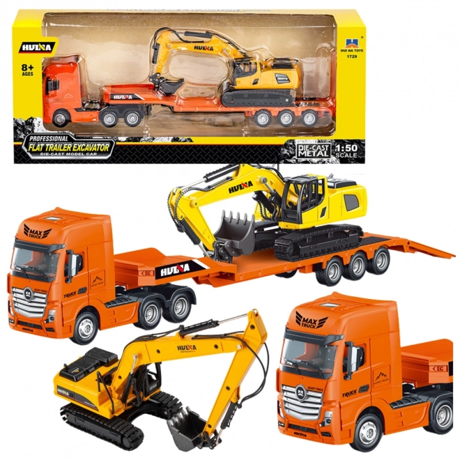 Model ciężarówki z przyczepą i koparką Huina 1:50