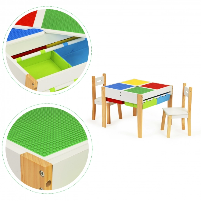 ECOTOYS Drewniany stół dziecięcy z płyta do gry i dwoma krzesłami