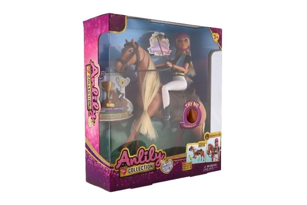 Koń do czesania + lalka dżokejka Anlily ze stawami plastik z akcesoriami w pudełku 32x36x11cm