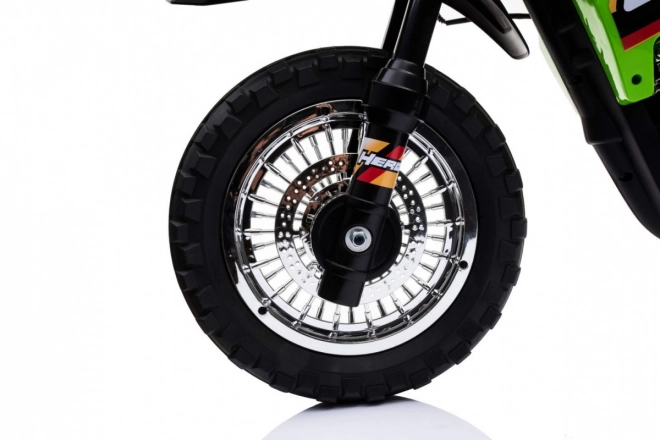 Dziecięcy elektryczny motocykl cross na akumulator – zielony, z kółkami pomocniczymi i światłami LED