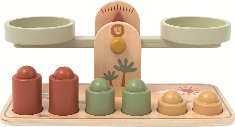 Drewniana dziecięca waga szalkowa w pastelowych kolorach inspirowana Montessori