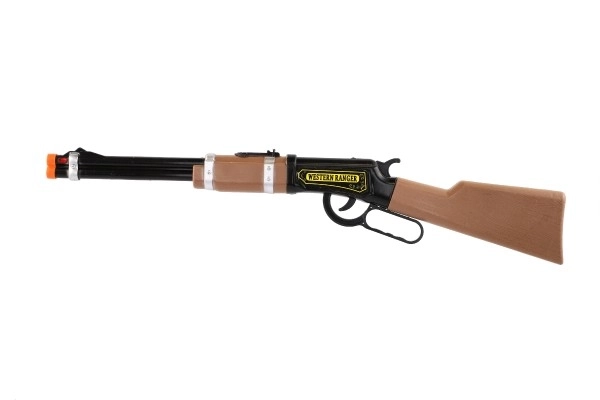 Strzelba/Pistolet powtarzalny kowbojski plastikowy 62x10cm na baterie ze światłem na kartce