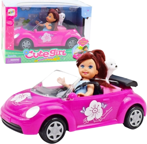 Mini lalka z różowym kabrioletem i pieskiem