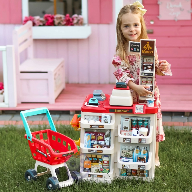 Supermarket z wózkiem zakupowym i skanerem