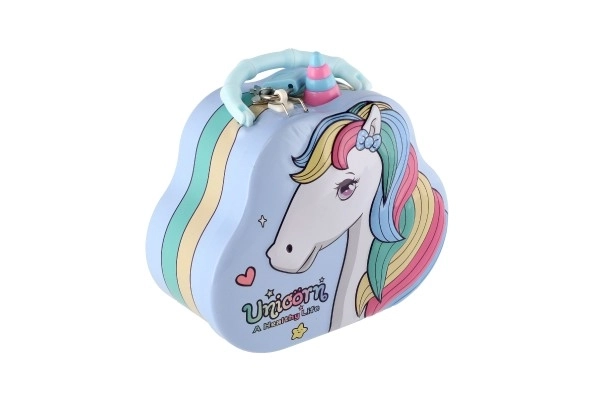 Skarbonka torebka jednorożec metalowa z zamkiem 15x14cm 3 kolory w plastikowym pudełku