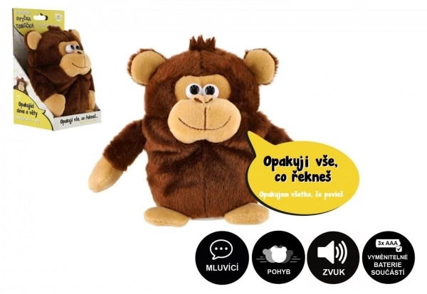 Małpka Toniczka powtarzająca zdania plusz 18cm na baterie z dźwiękiem w pudełku 12x20x10cm w woreczku