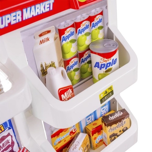Supermarket z kasą, koszykiem na zakupy i dodatkami