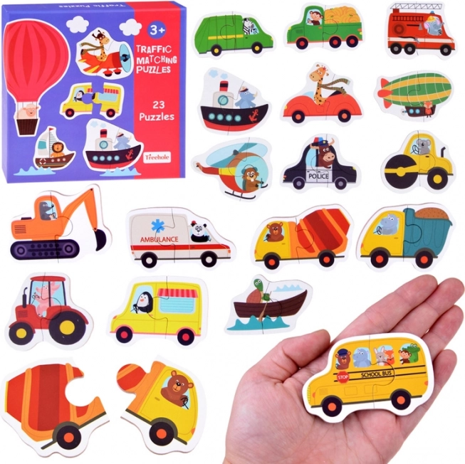 Dziecięce dwuelementowe puzzle Transport – 23 edukacyjne układanki z pojazdami