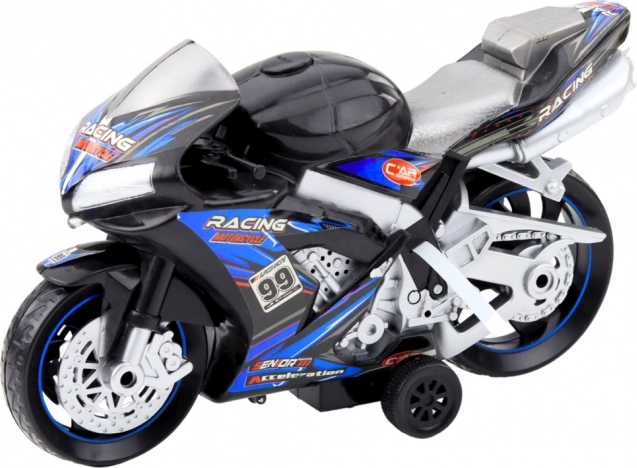 czarno-niebieski wyścigowy motocykl z efektami świetlnymi i dźwiękowymi