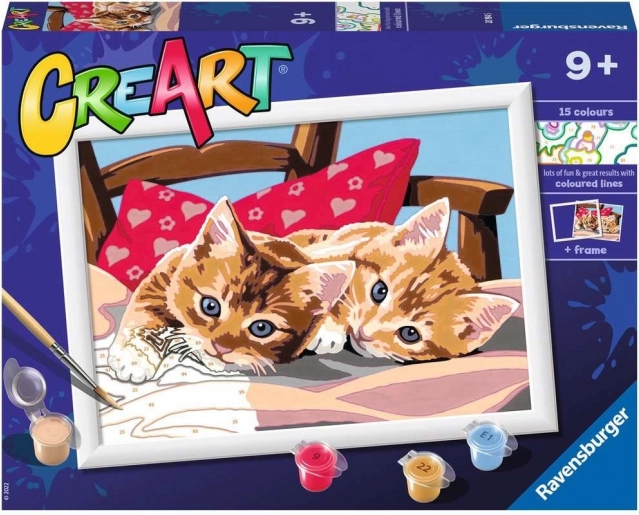 Ravensburger CreArt malowanie po numerach – dwa pieszczotliwe kocięta (24 × 18 cm)