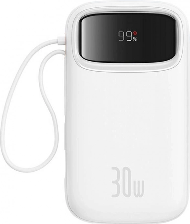 Powerbank Baseus QPow 2 20000 mAh 30 W z zintegrowanym kablem USB‑C, 2× USB‑C, biały
