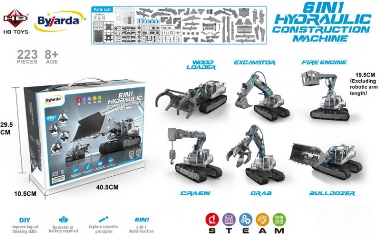 Klocki maszyn budowlanych 6w1 z wodnym napędem hydraulicznym, 223 elementy, dla dzieci 8+