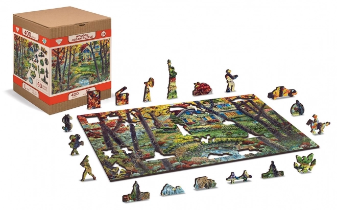 Drewniane puzzle domek w lesie 2w1