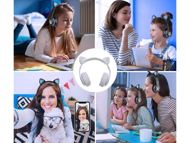 Bezprzewodowe słuchawki bluetooth radio fm mp3 kocie uszy led oświetlenie – Białe