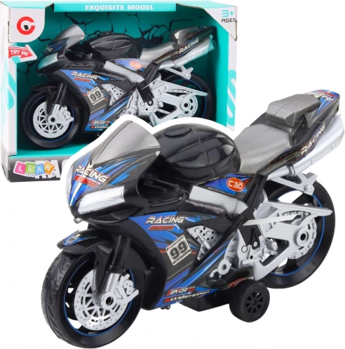 Zabawkowy motocykl wyścigowy czarno-niebieski z oświetleniem i dźwiękami