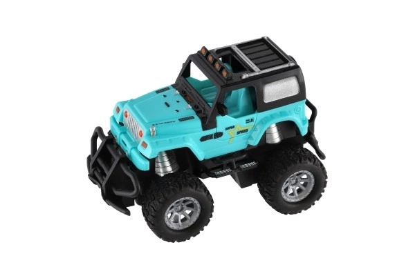 Auto RC terenowe 14cm plastik 27MHz na baterie ze światłem w pudełku 20x11x10cm – Turkusowe