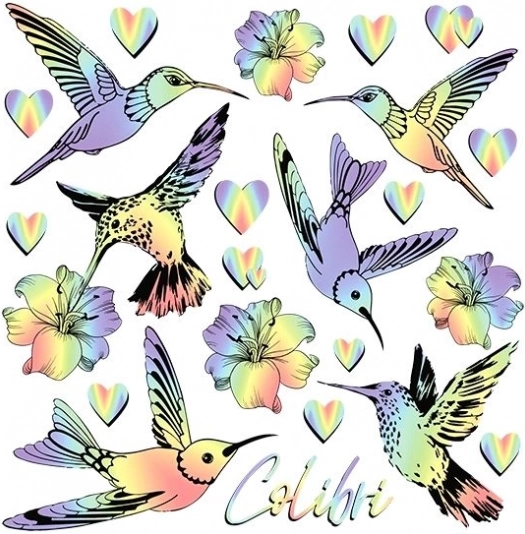 Naprasowywane obrazki tęczowe kolibry – mały arkusz 15 × 21 cm
