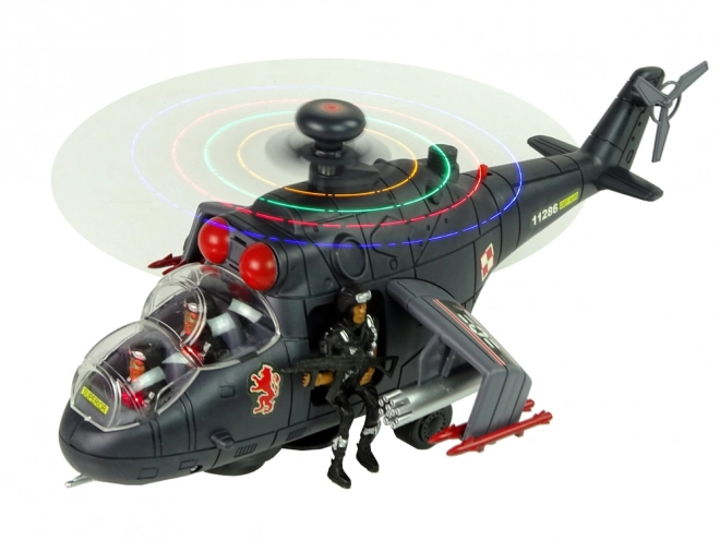 Helikopter z ogromnymi skrzydłami i efektami świetlnymi
