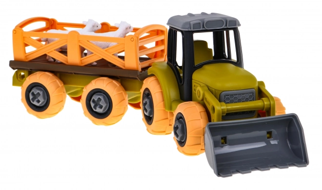 Odkręcany traktor z łyżką i przyczepą + śrubokręt + owce Zabawka dla dzieci 3+