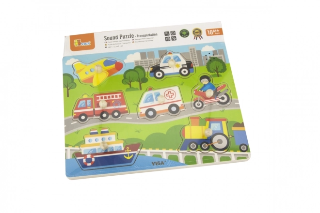Drewniane puzzle dźwiękowe z motywem środków transportu Viga