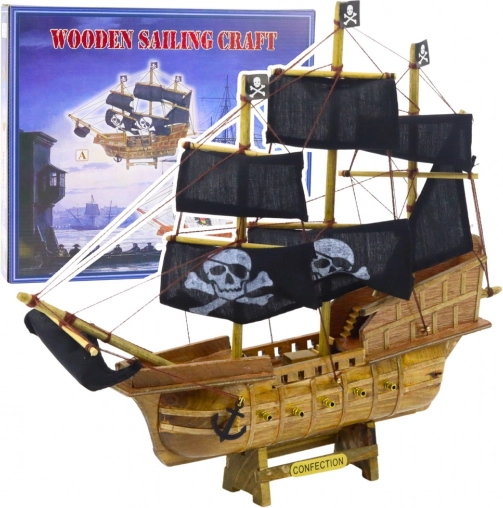 Dekoracyjny kolekcjonerski model pirackiego statku z czarnymi żaglami 33x29 cm