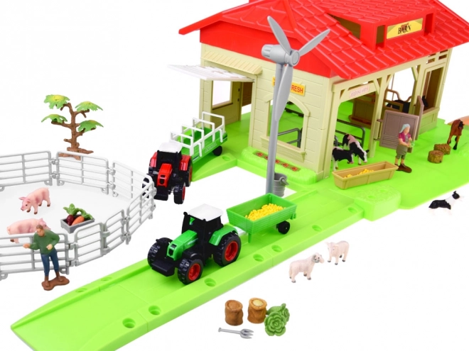 Mega duża farma z traktorami i zwierzętami
