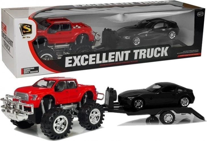 Zestaw pojazdów czerwony monster truck z przyczepą i czarnym BMW 58 cm