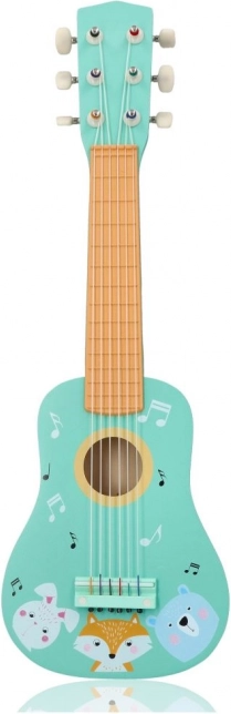 Drewniana gitara dziecięca ze zwierzątkami, turkusowa