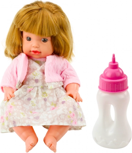 Lalka bobas z butelką do karmienia w różowej sukience z dźwiękami 30 cm