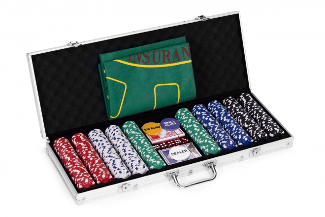 Zestaw Poker i Blackjack – 500 żetonów, 2 talie kart, kości, mata do gry, zamykana walizka