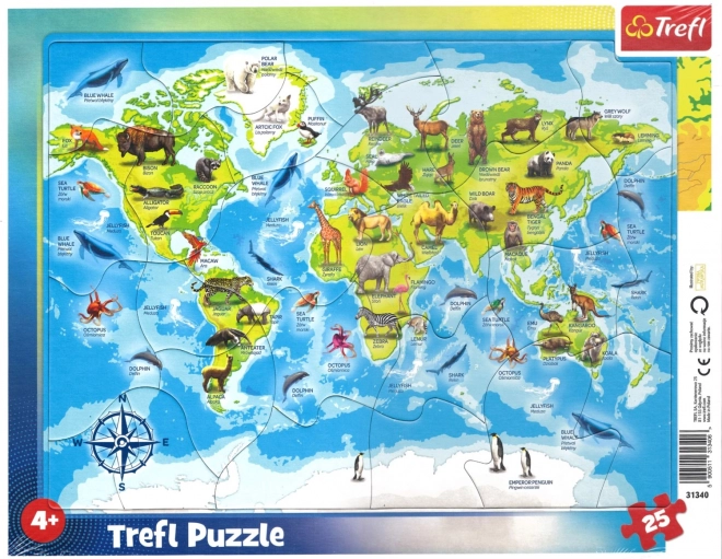 TREFL Puzzle Mapa świata ze zwierzątkami 25 elementów