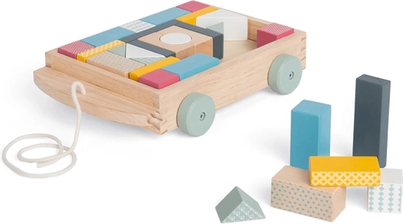 Bigjigs Toys drewniany wózek do ciągnięcia z klockami