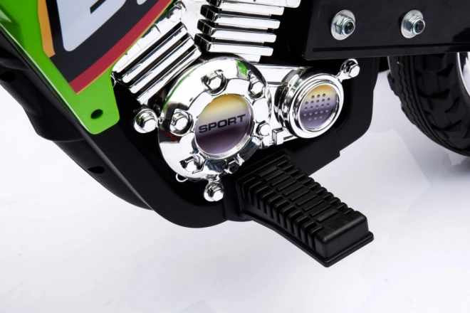 Dziecięcy elektryczny motocykl cross na akumulator – zielony, z kółkami pomocniczymi i światłami LED