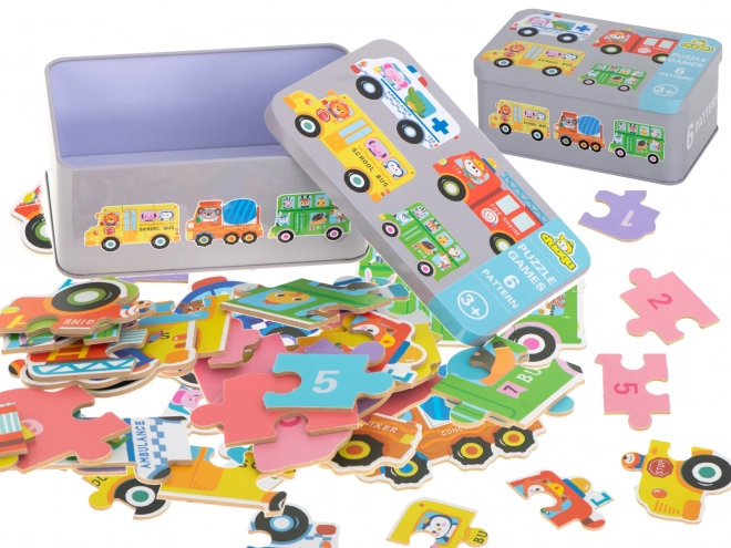 Puzzle w metalowej puszce - samochodziki