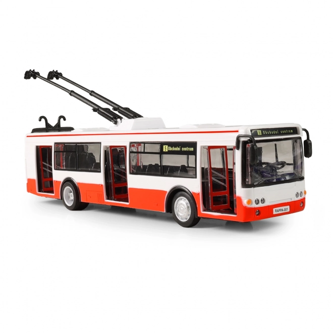 Trolejbus mówiący po czesku plastikowy 29cm czerwony wolny ruch na bat. ze światłami z dźwiękiem w opak. 33x11x10cm