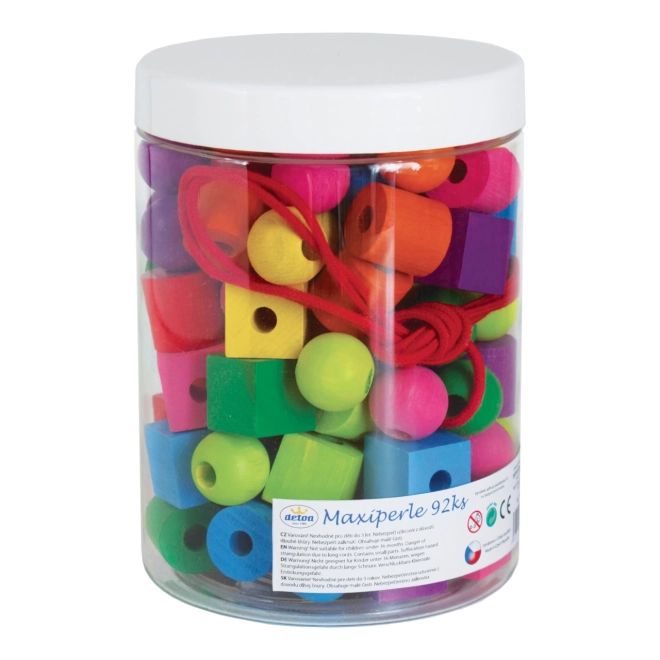 Maxi perły drewniane kolorowe z sznurkiem 92 szt. w plastikowym pojemniku 10x14cm