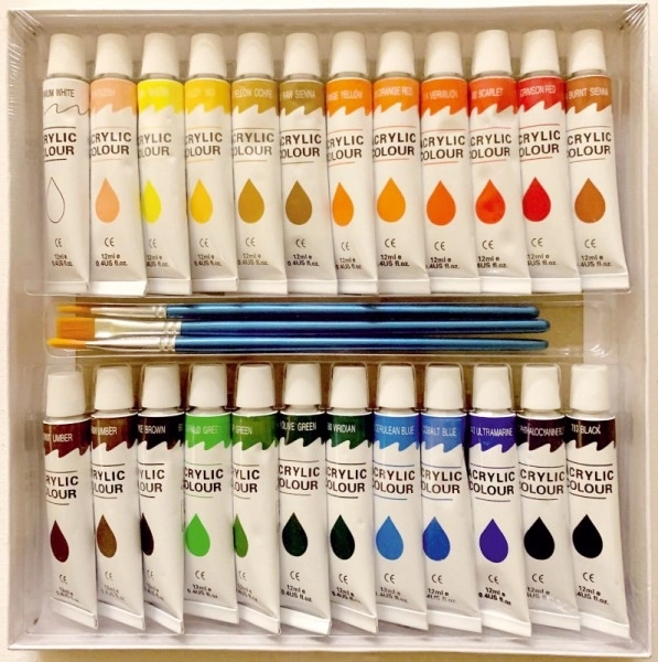 Farby akrylowe 24x12ml z pędzlami 3 szt. również na ceramikę, szkło, kamienie w pudełku 22x22x2cm
