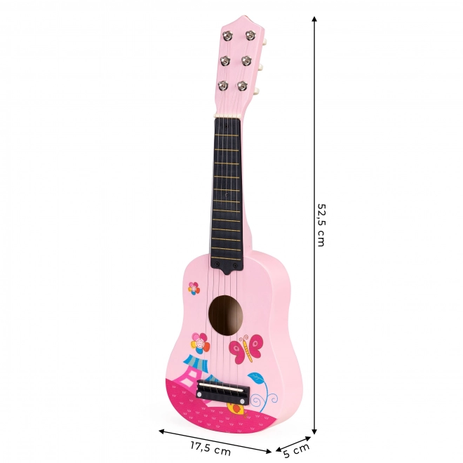 Dziecięca drewniana gitara, metalowe struny, różowa ECOTOYS