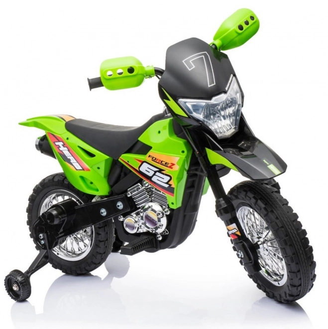 Dziecięcy elektryczny motocykl cross na akumulator – zielony, z kółkami pomocniczymi i światłami LED