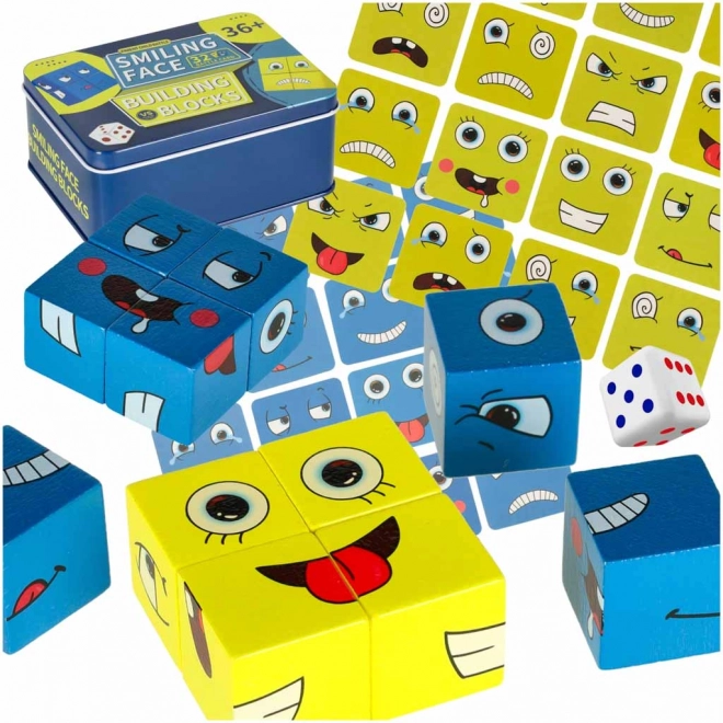 Edukacyjna gra nauki emocji – drewniane klocki w metalowym pudełku