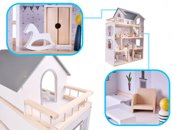 Jasny drewniany domek dla lalek z meblami - 80cm